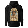 Black hoodie featuring an exclusive distressed ink portrait of Lil Uzi Vert. The design depicts the artist as a medieval king wearing a regal crown, nose ring, and heavy gold chains over white royal robes. The artwork is encased in a vibrant gothic arched