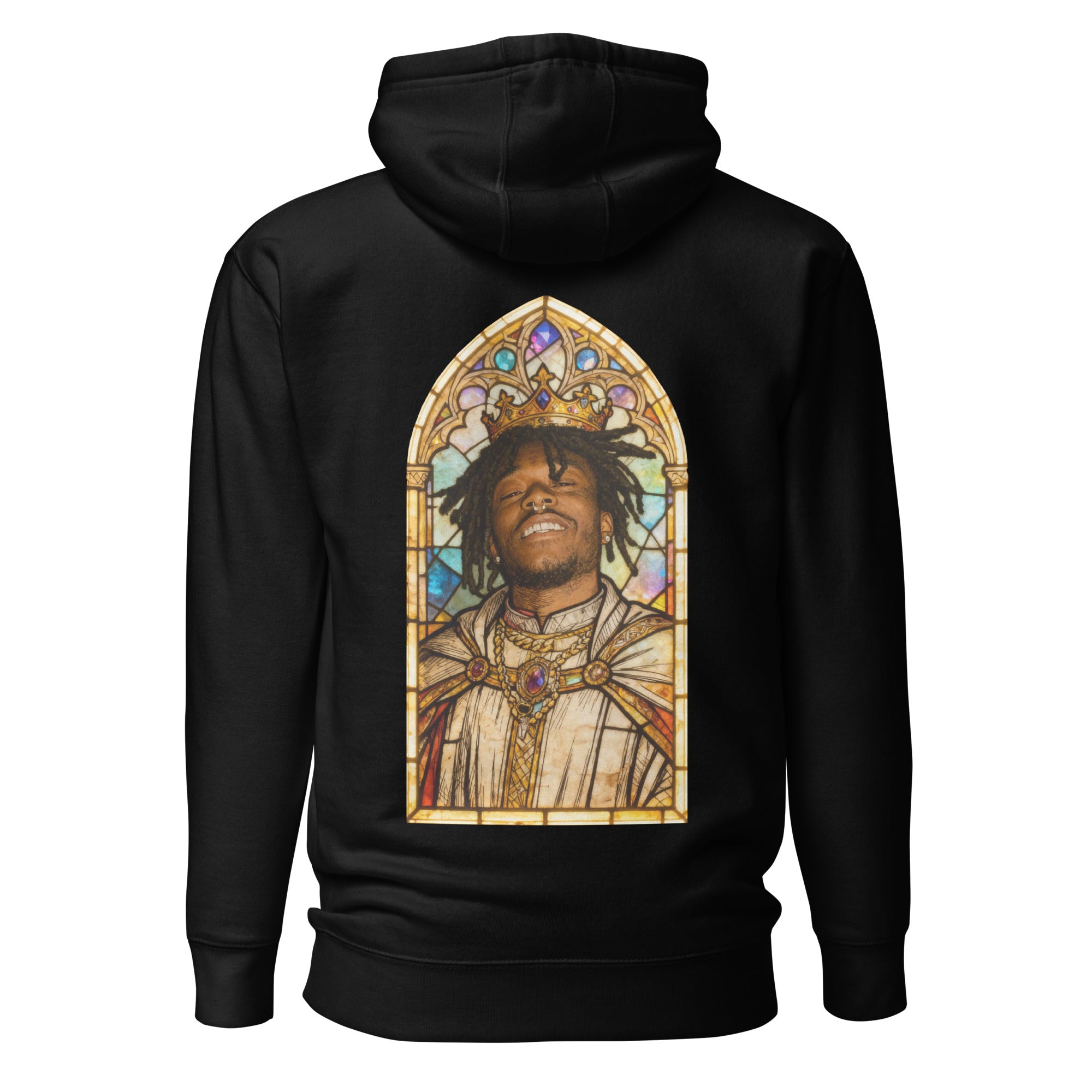 Black hoodie featuring an exclusive distressed ink portrait of Lil Uzi Vert. The design depicts the artist as a medieval king wearing a regal crown, nose ring, and heavy gold chains over white royal robes. The artwork is encased in a vibrant gothic arched