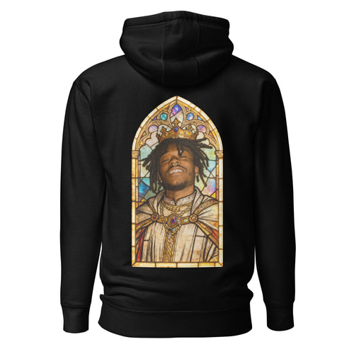 Black hoodie featuring an exclusive distressed ink portrait of Lil Uzi Vert. The design depicts the artist as a medieval king wearing a regal crown, nose ring, and heavy gold chains over white royal robes. The artwork is encased in a vibrant gothic arched