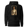 Black hoodie featuring an exclusive distressed ink portrait of Playboi Carti. The design depicts the artist as a medieval knight wearing detailed plate armor. The artwork is encased in a weathered stone arched frame inspired by medieval chronicles