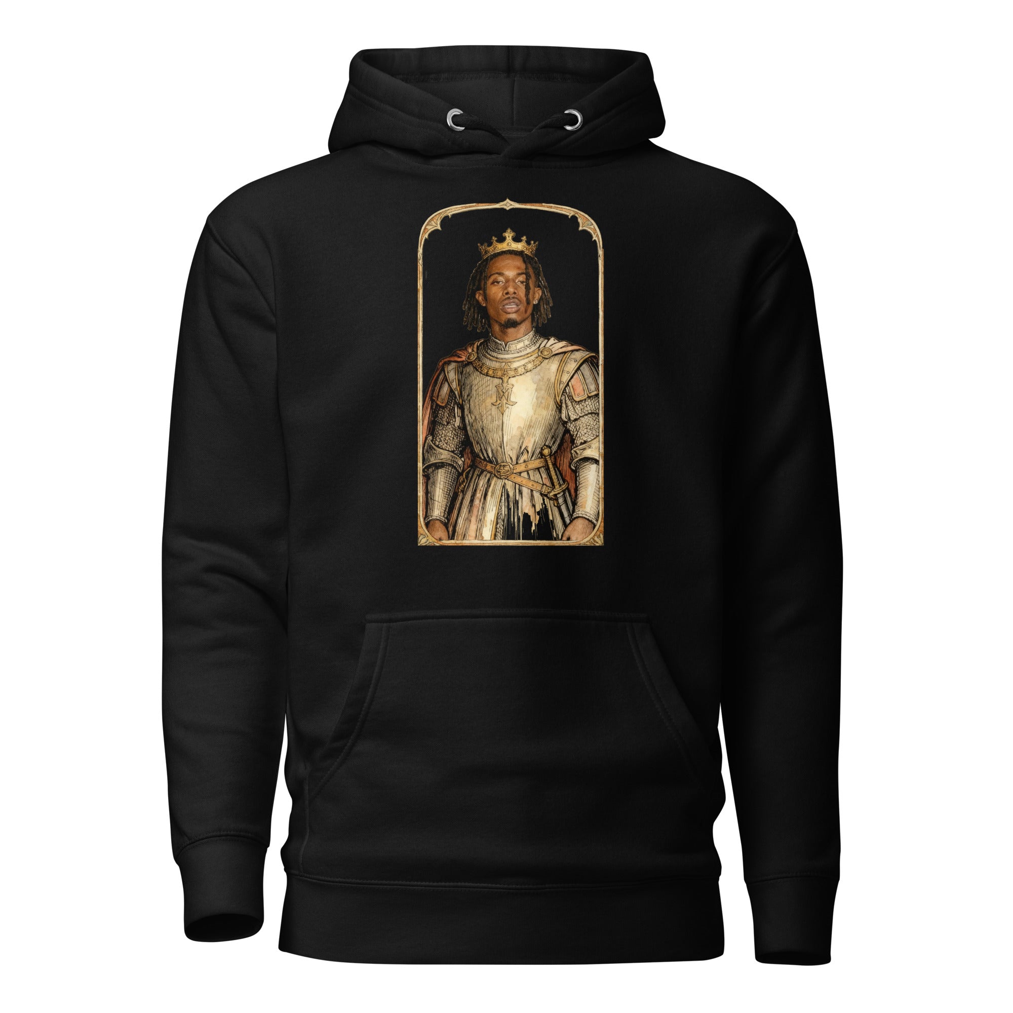 Black hoodie featuring an exclusive distressed ink portrait of Playboi Carti. The design depicts the artist as a medieval knight wearing detailed plate armor. The artwork is encased in a weathered stone arched frame inspired by medieval chronicles