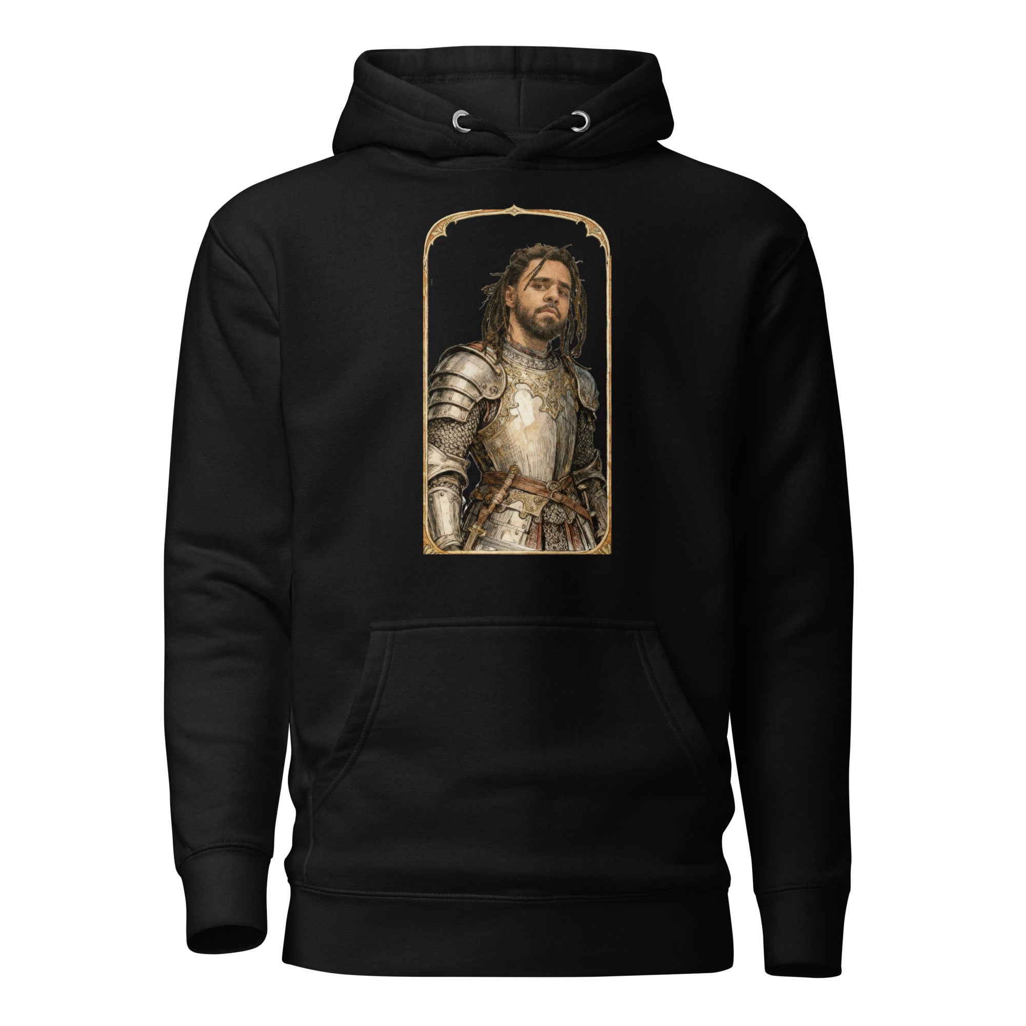 Black hoodie featuring an exclusive distressed ink portrait of J Cole. The design depicts the artist as a medieval knight wearing detailed plate armor. The artwork is encased in a weathered stone arched frame inspired by medieval chronicles