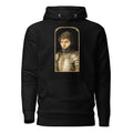 Black hoodie featuring an exclusive distressed ink portrait of Yeat. The design depicts the artist as a medieval knight wearing detailed plate armor. The artwork is encased in a weathered stone arched frame inspired by medieval chronicles