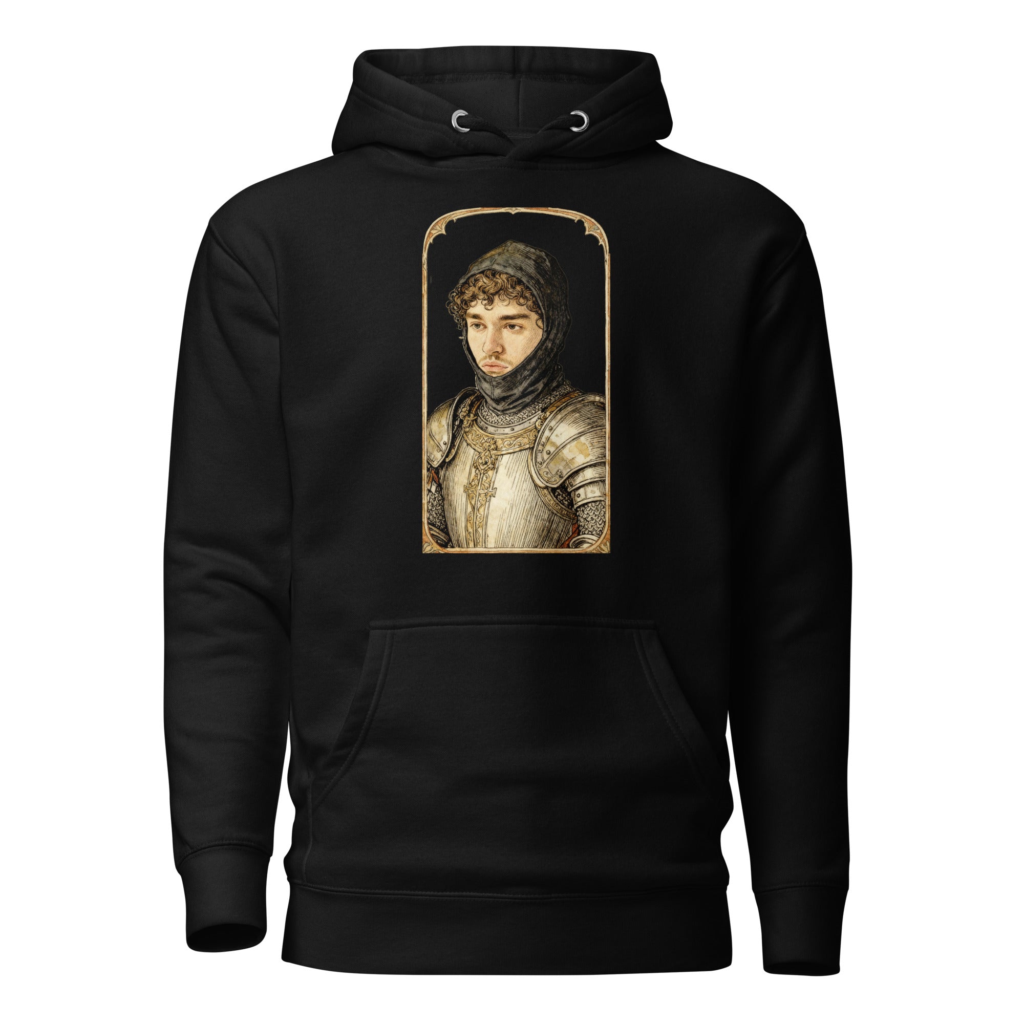 Black hoodie featuring an exclusive distressed ink portrait of Yeat. The design depicts the artist as a medieval knight wearing detailed plate armor. The artwork is encased in a weathered stone arched frame inspired by medieval chronicles