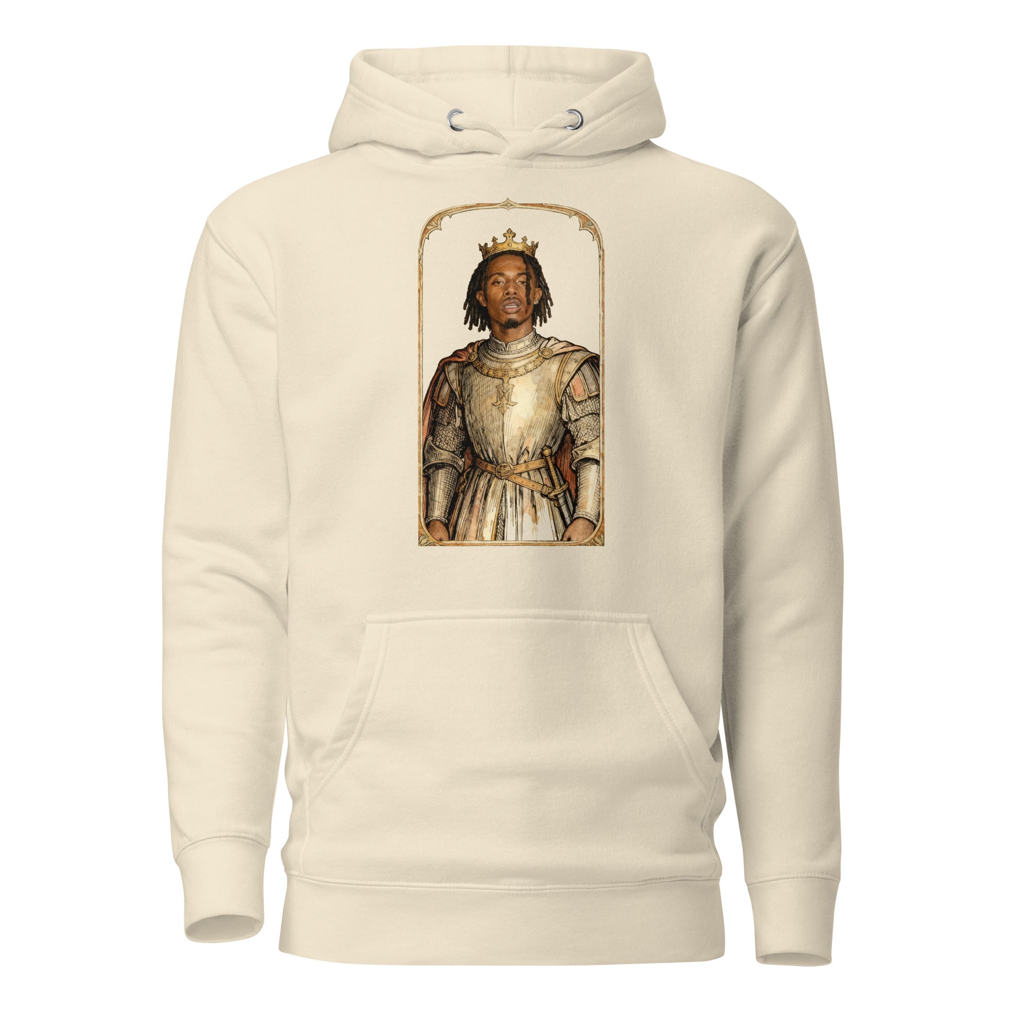 Heather Dust hoodie featuring an exclusive distressed ink portrait of Playboi Carti. The design depicts the artist as a medieval knight wearing detailed plate armor. The artwork is encased in a weathered stone arched frame inspired by medieval chronicles