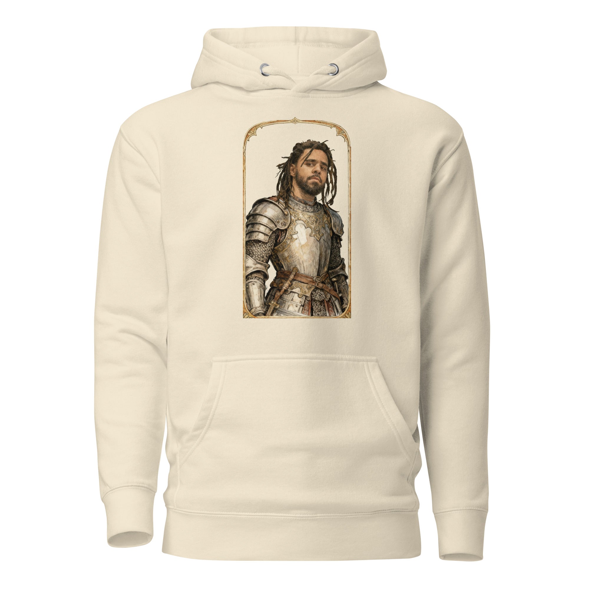 Heather Dust hoodie featuring an exclusive distressed ink portrait of J Cole. The design depicts the artist as a medieval knight wearing detailed plate armor. The artwork is encased in a weathered stone arched frame inspired by medieval chronicles