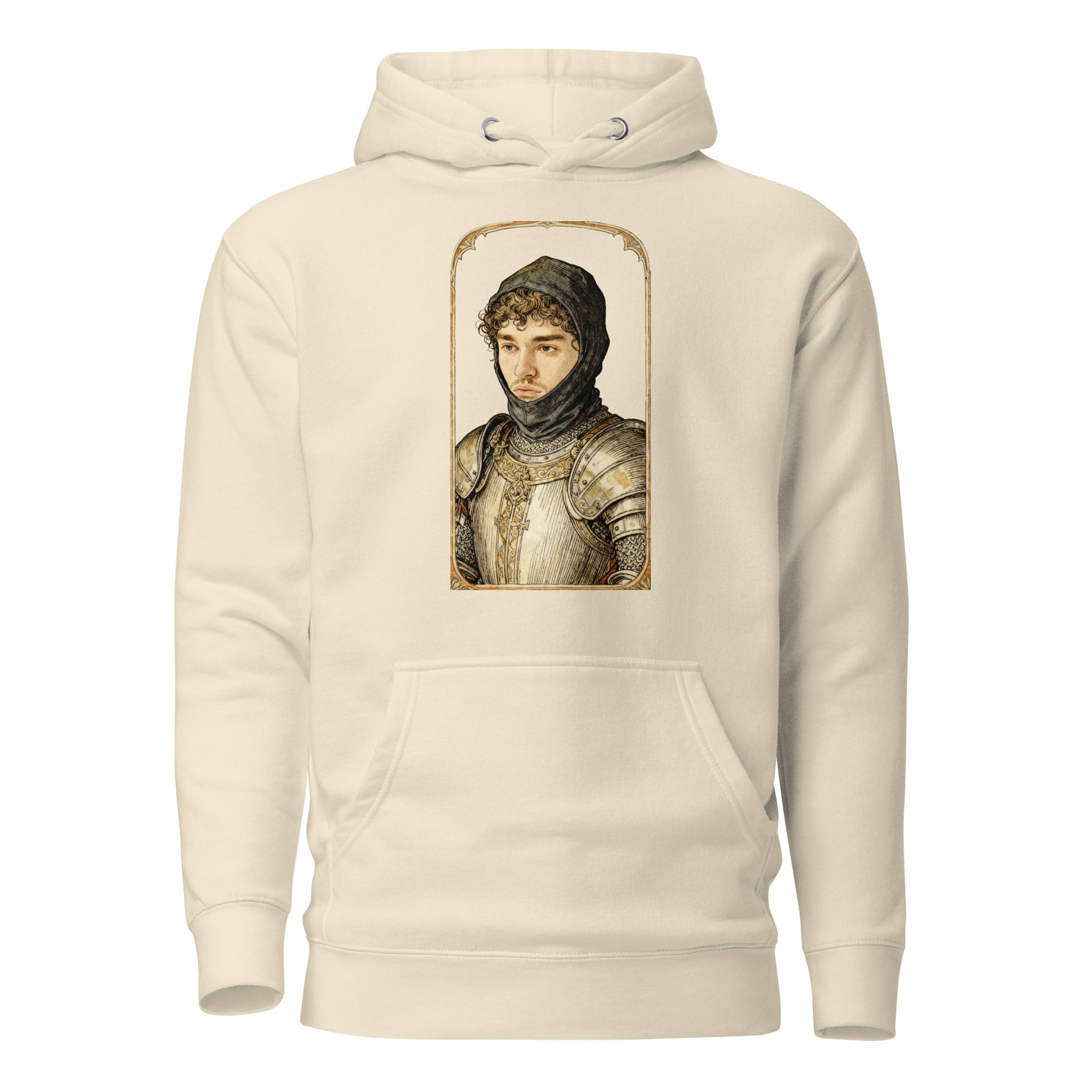 Heather Dust hoodie featuring an exclusive distressed ink portrait of Yeat. The design depicts the artist as a medieval knight wearing detailed plate armor. The artwork is encased in a weathered stone arched frame inspired by medieval chronicles