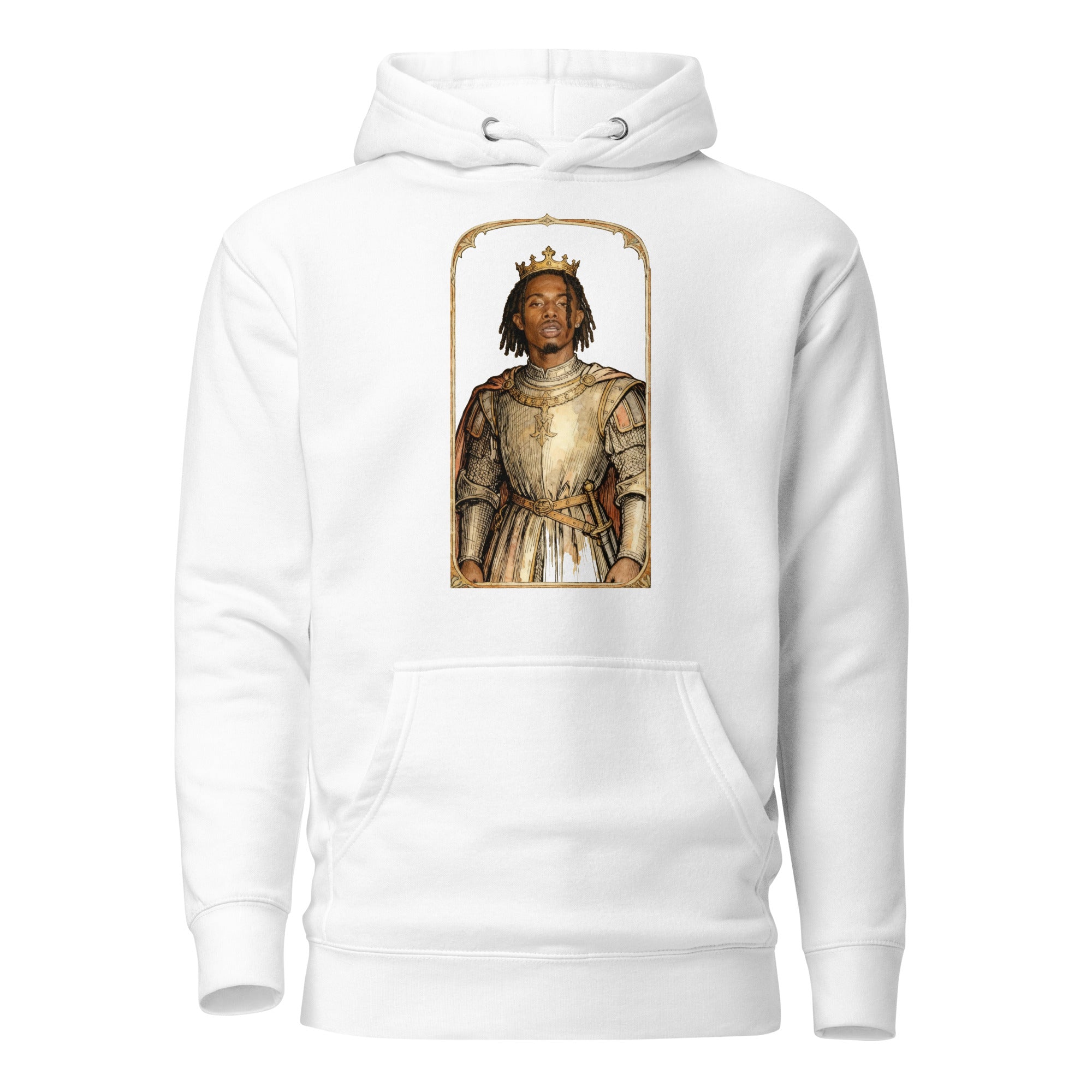 White hoodie featuring an exclusive distressed ink portrait of Playboi Carti. The design depicts the artist as a medieval knight wearing detailed plate armor. The artwork is encased in a weathered stone arched frame inspired by medieval chronicles