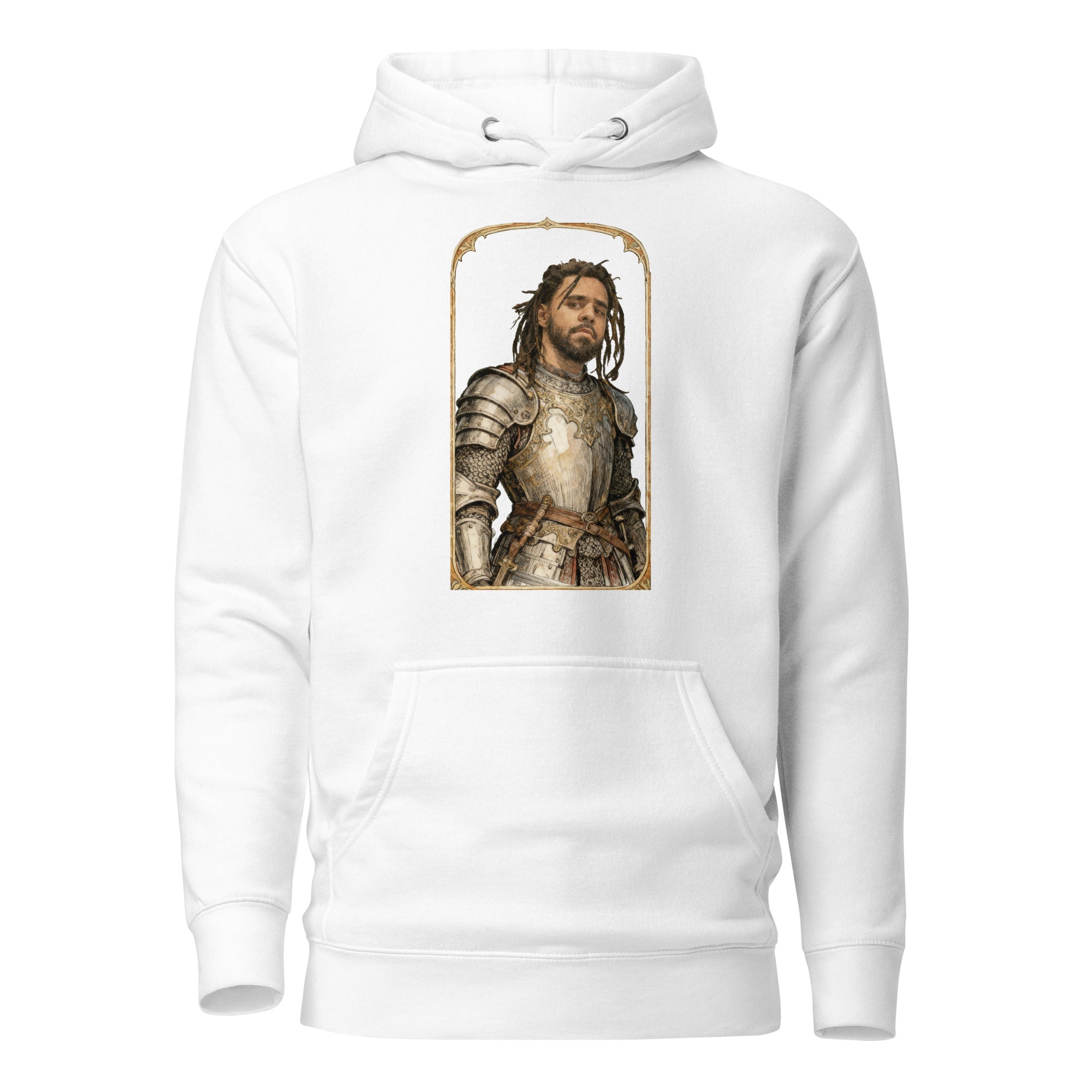 White hoodie featuring an exclusive distressed ink portrait of J Cole. The design depicts the artist as a medieval knight wearing detailed plate armor. The artwork is encased in a weathered stone arched frame inspired by medieval chronicles