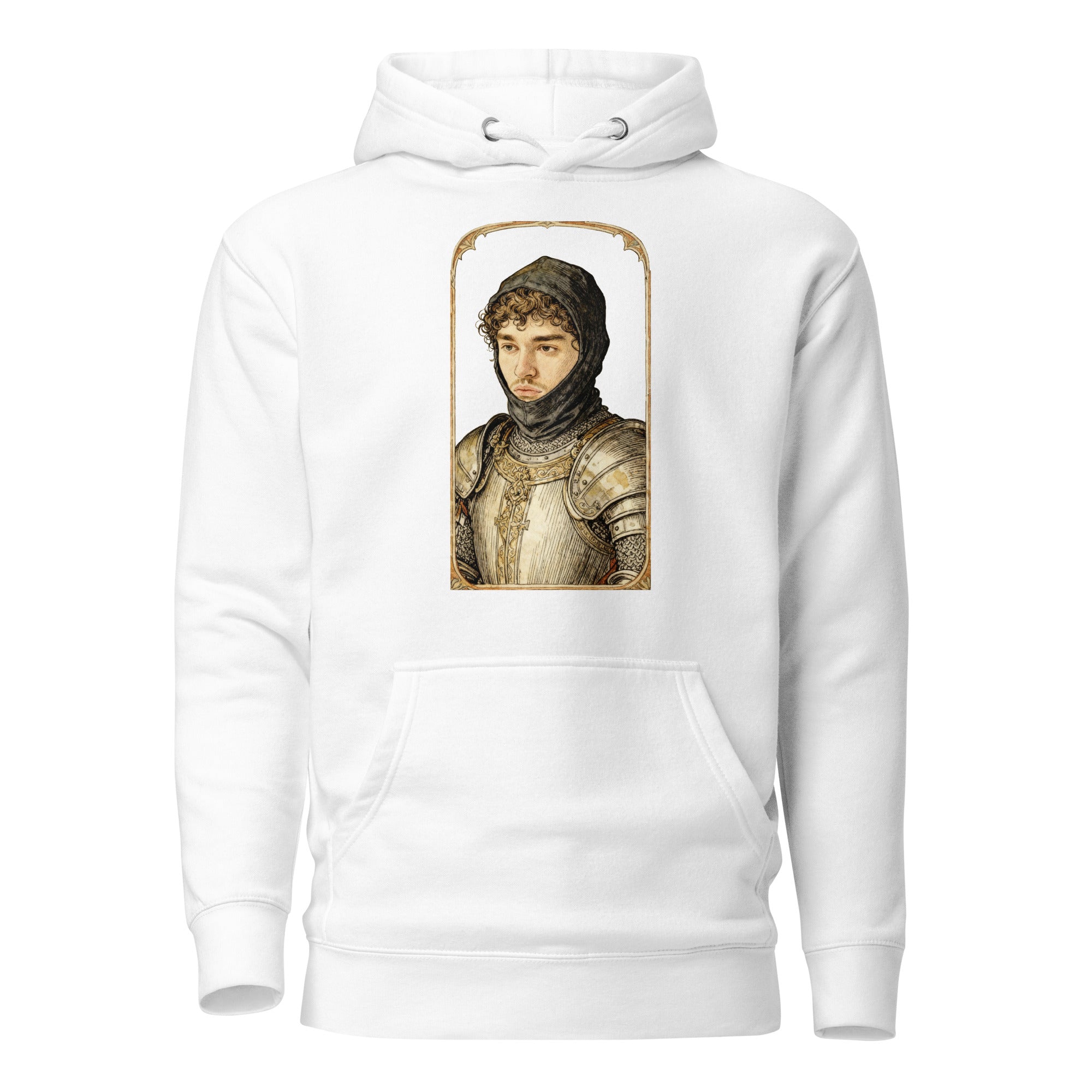 White hoodie featuring an exclusive distressed ink portrait of Yeat. The design depicts the artist as a medieval knight wearing detailed plate armor. The artwork is encased in a weathered stone arched frame inspired by medieval chronicles