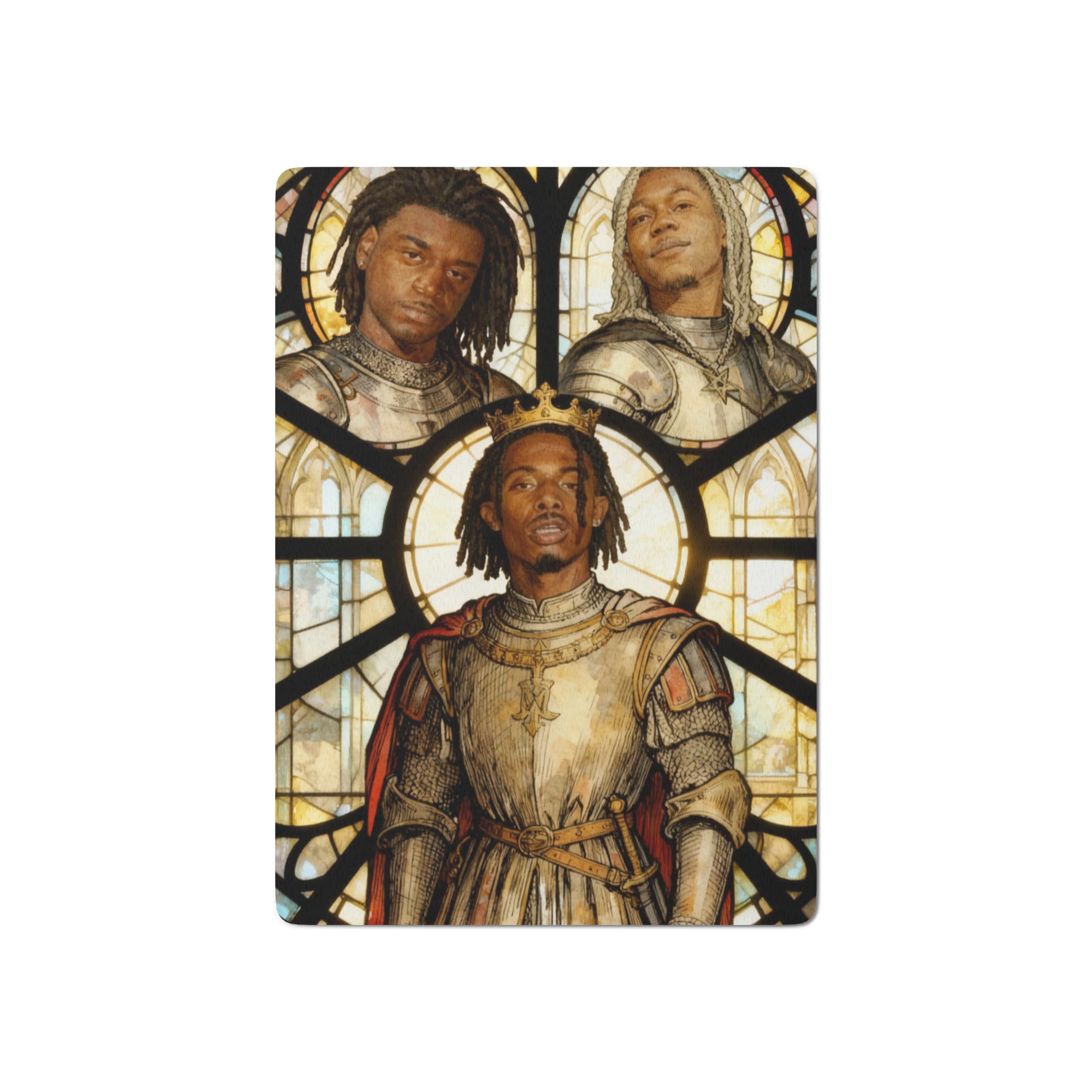 Back design of Opium Scribes playing cards featuring Playboi Carti in a gothic stained glass manuscript style with vibrant red and black lead-line details.