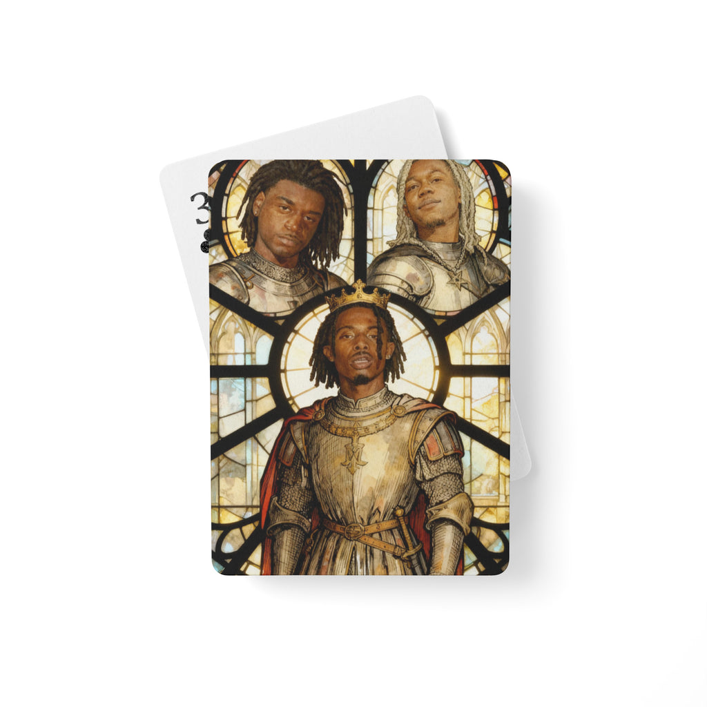 Back design of Opium Scribes playing cards featuring Playboi Carti in a gothic stained glass manuscript style with vibrant red and black lead-line details.