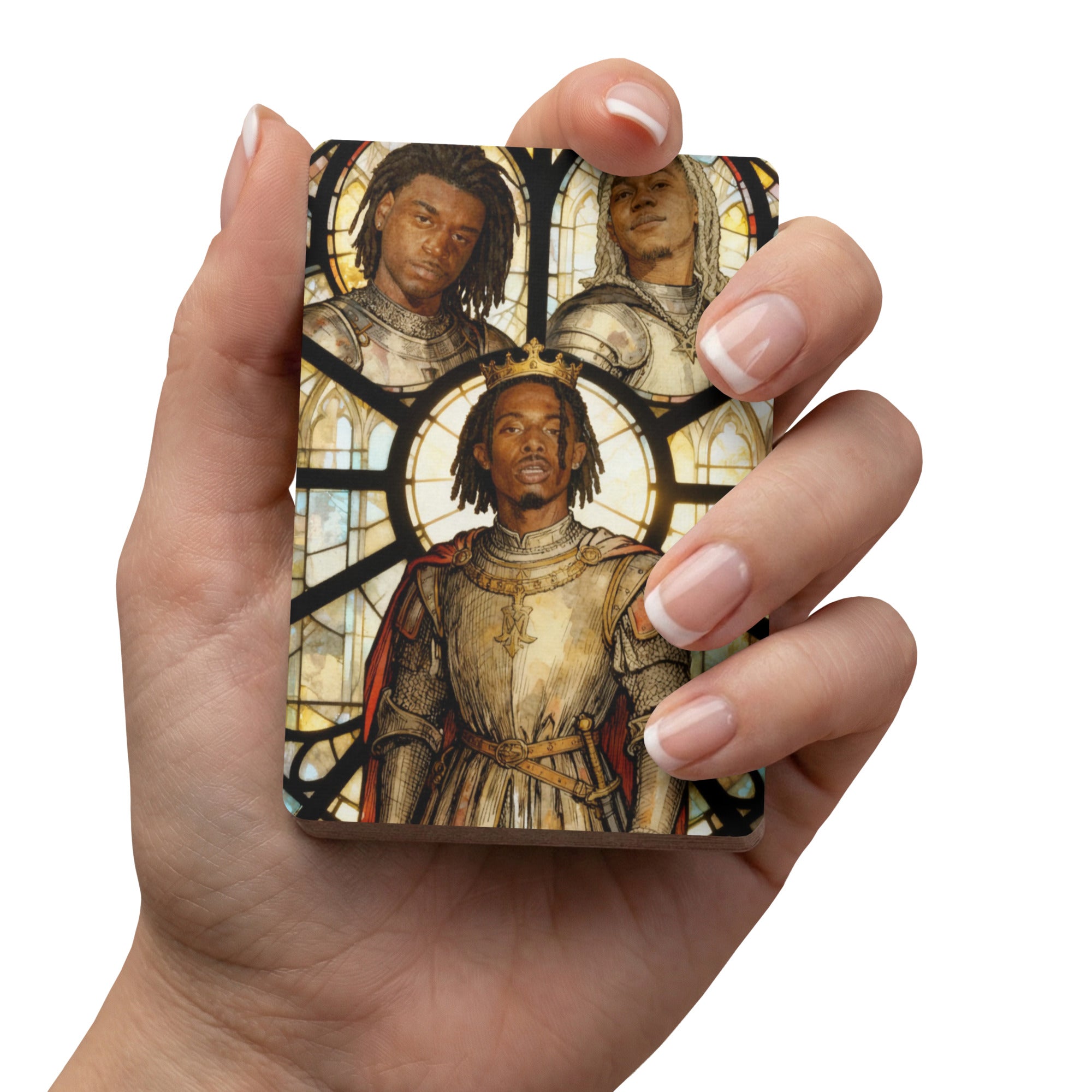 Back design of Opium Scribes playing cards featuring Playboi Carti in a gothic stained glass manuscript style with vibrant red and black lead-line details.