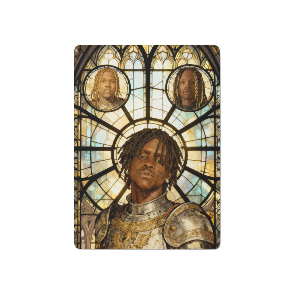 Back design of O-Block Chronicles playing cards featuring Chief Keef and King Von as medieval knights in a 14th-century pencil-sketch style by Jin the Scribe.