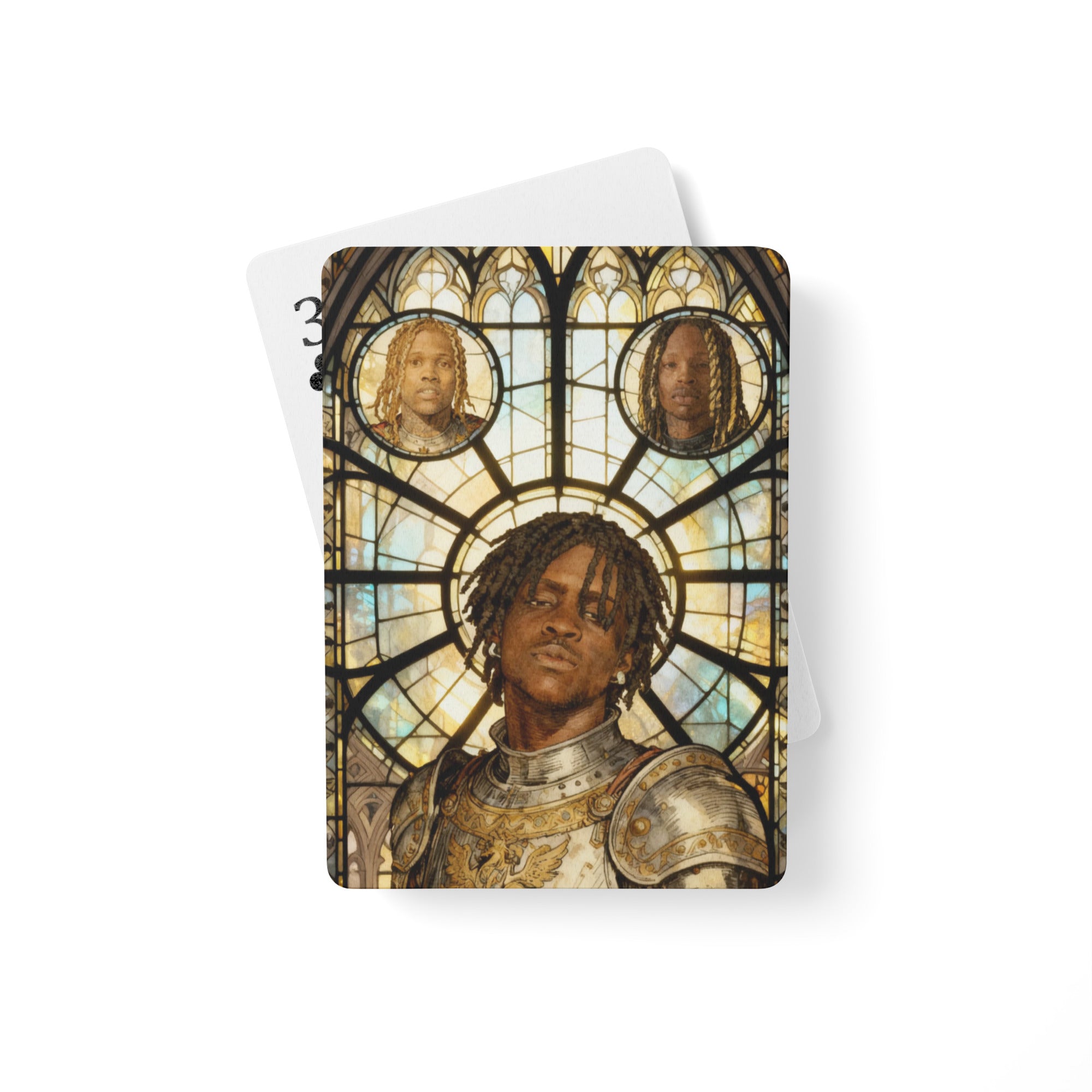 Back design of O-Block Chronicles playing cards featuring Chief Keef and King Von as medieval knights in a 14th-century pencil-sketch style by Jin the Scribe.