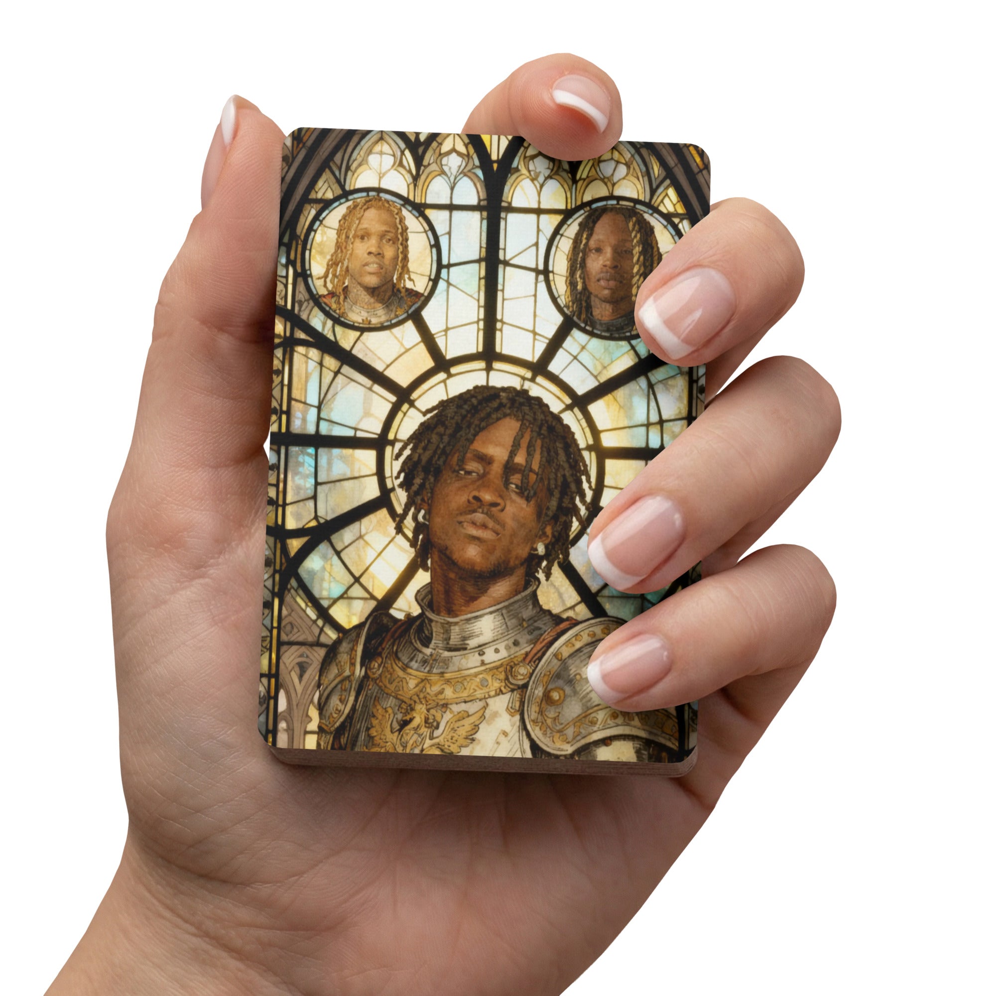 Back design of O-Block Chronicles playing cards featuring Chief Keef and King Von as medieval knights in a 14th-century pencil-sketch style by Jin the Scribe.