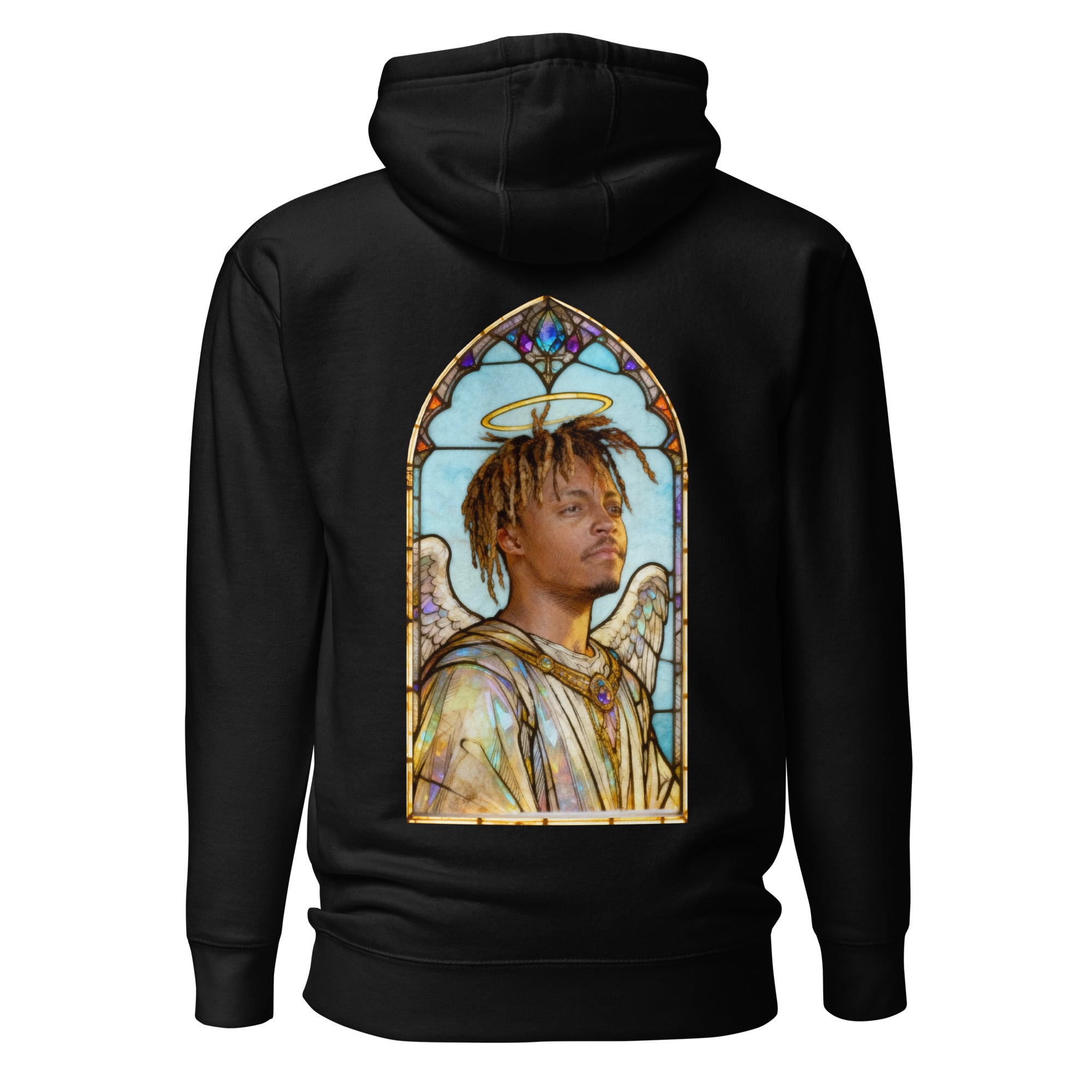 Black hoodie featuring an exclusive distressed ink portrait of Juice Wrld. The design depicts the artist as a medieval king wearing a regal crown, nose ring, and heavy gold chains over white royal robes. The artwork is encased in a vibrant gothic arched frame inspired by medieval cathedral windows and 14th-century illuminated manuscripts.