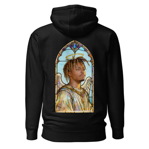 Black hoodie featuring an exclusive distressed ink portrait of Juice Wrld. The design depicts the artist as a medieval king wearing a regal crown, nose ring, and heavy gold chains over white royal robes. The artwork is encased in a vibrant gothic arched frame inspired by medieval cathedral windows and 14th-century illuminated manuscripts.