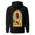 Black hoodie featuring an exclusive distressed ink portrait of Pop Smoke. The design depicts the artist as a medieval king wearing a regal crown, nose ring, and heavy gold chains over white royal robes. The artwork is encased in a vibrant gothic arched frame inspired by medieval cathedral windows and 14th-century illuminated manuscripts.