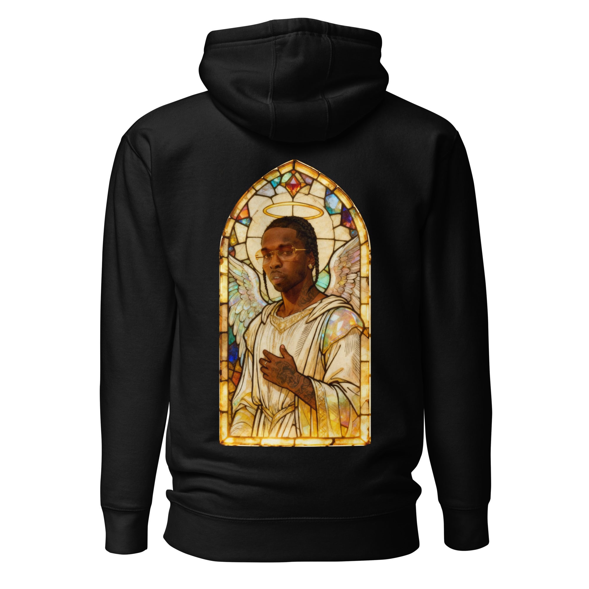 Black hoodie featuring an exclusive distressed ink portrait of Pop Smoke. The design depicts the artist as a medieval king wearing a regal crown, nose ring, and heavy gold chains over white royal robes. The artwork is encased in a vibrant gothic arched frame inspired by medieval cathedral windows and 14th-century illuminated manuscripts.