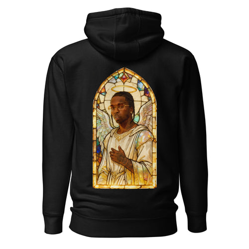 Black hoodie featuring an exclusive distressed ink portrait of Pop Smoke. The design depicts the artist as a medieval king wearing a regal crown, nose ring, and heavy gold chains over white royal robes. The artwork is encased in a vibrant gothic arched frame inspired by medieval cathedral windows and 14th-century illuminated manuscripts.