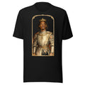 Black t-shirt featuring an exclusive pencil-sketch and engraving portrait of Playboi Carti. The design depicts the artist as a medieval knight wearing detailed plate armor. The artwork is encased in an ornate gold arched border inspired by 14th-century il