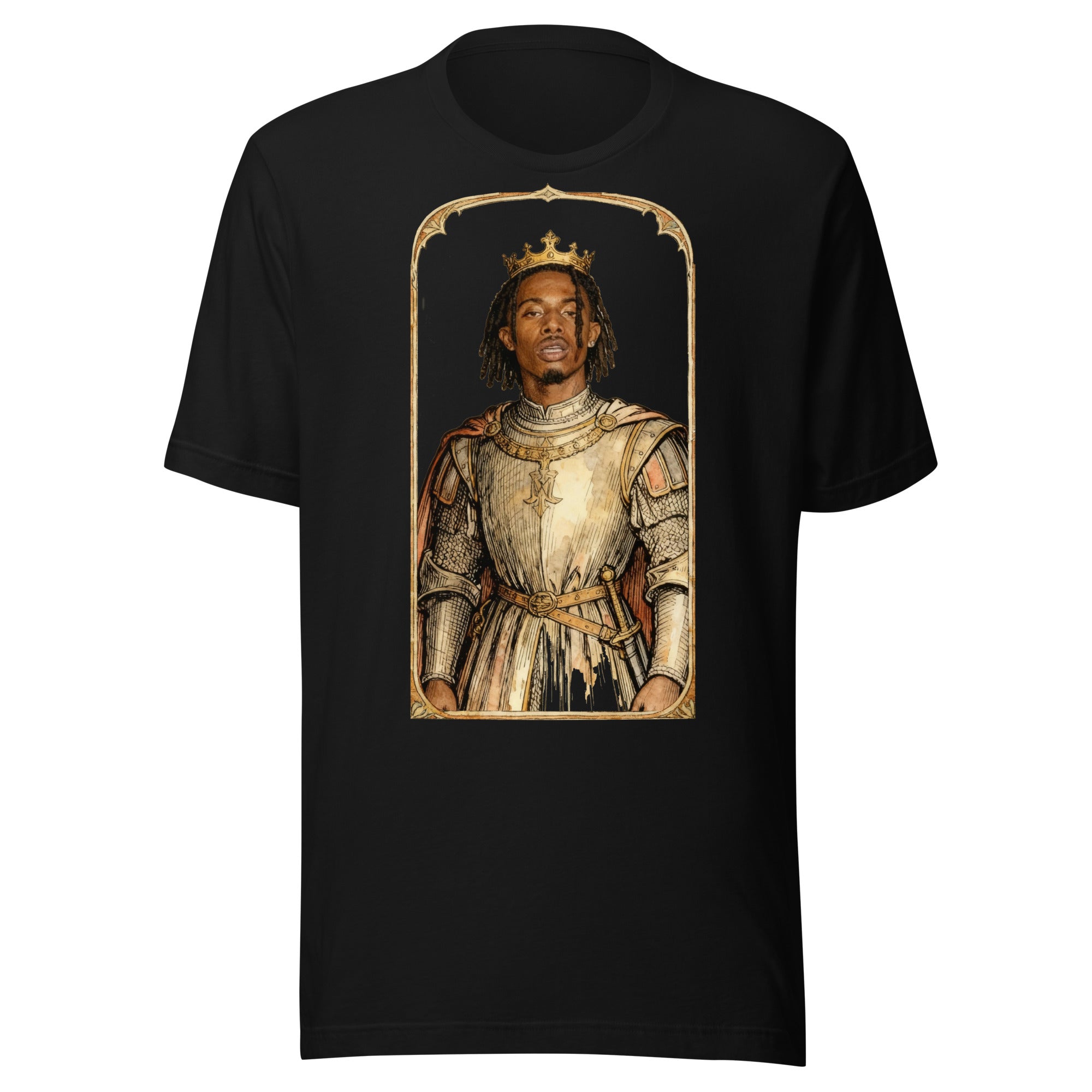 Black t-shirt featuring an exclusive pencil-sketch and engraving portrait of Playboi Carti. The design depicts the artist as a medieval knight wearing detailed plate armor. The artwork is encased in an ornate gold arched border inspired by 14th-century il