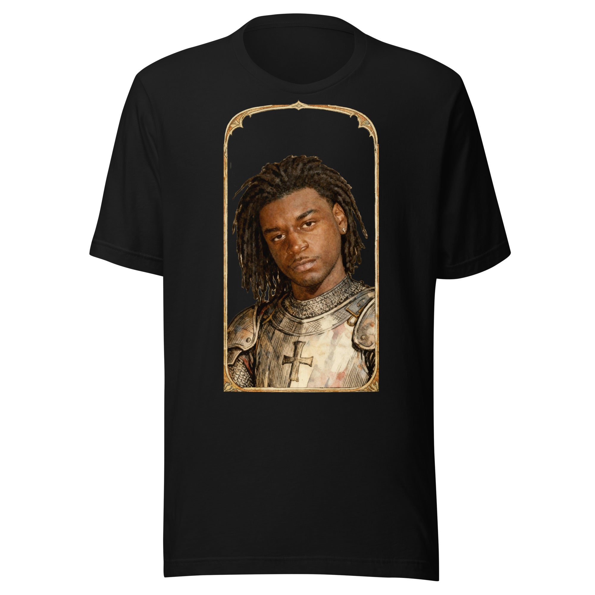 Black t-shirt featuring an exclusive pencil-sketch and engraving portrait of Ken Carson. The design depicts the artist as a medieval knight wearing detailed plate armor. The artwork is encased in an ornate gold arched border inspired by 14th-century illum
