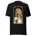 Black t-shirt featuring an exclusive pencil-sketch and engraving portrait of Destroy Lonely. The design depicts the artist as a medieval knight wearing detailed plate armor. The artwork is encased in an ornate gold arched border inspired by 14th-century i