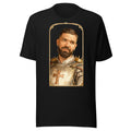 Black t-shirt featuring an exclusive pencil-sketch and engraving portrait of Drake. The design depicts the artist as a medieval knight wearing detailed plate armor. The artwork is encased in an ornate gold arched border inspired by 14th-century illuminate