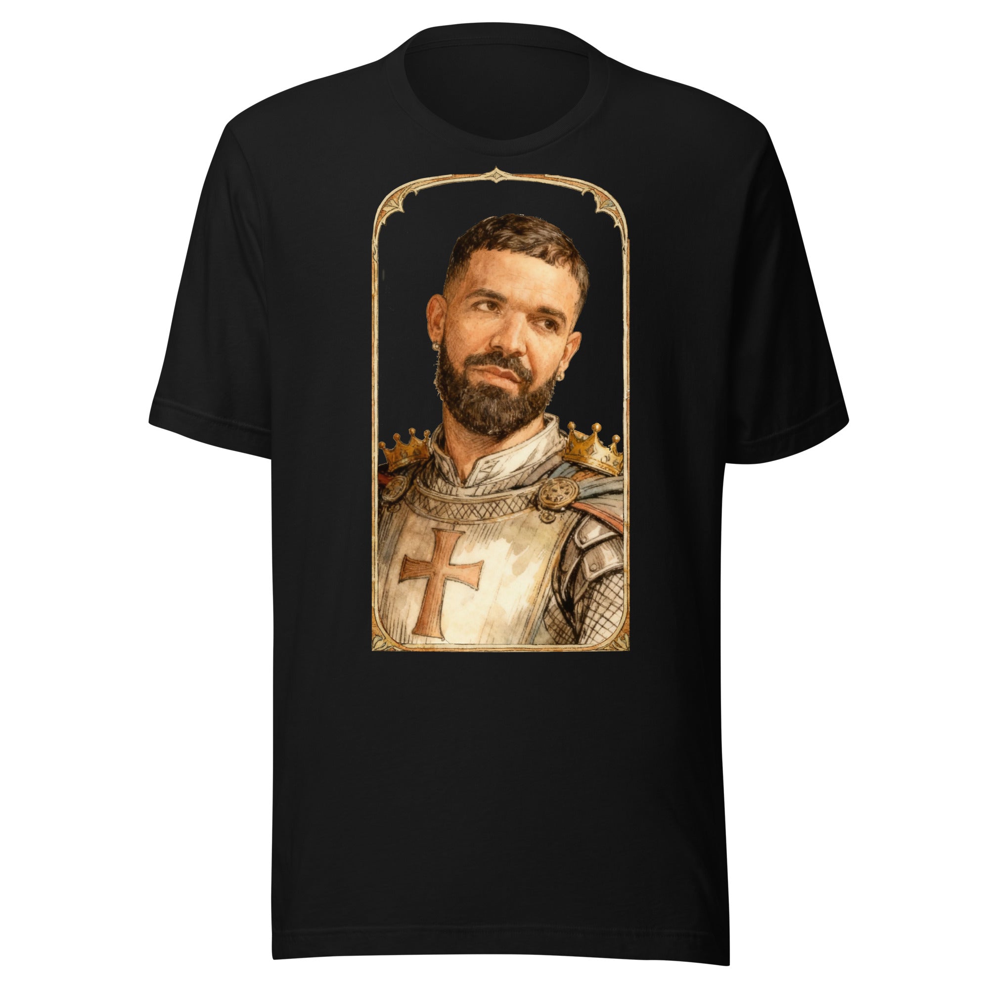 Black t-shirt featuring an exclusive pencil-sketch and engraving portrait of Drake. The design depicts the artist as a medieval knight wearing detailed plate armor. The artwork is encased in an ornate gold arched border inspired by 14th-century illuminate