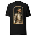 Black t-shirt featuring an exclusive pencil-sketch and engraving portrait of J Cole. The design depicts the artist as a medieval knight wearing detailed plate armor. The artwork is encased in an ornate gold arched border inspired by 14th-century illuminat