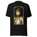 Black t-shirt featuring an exclusive pencil-sketch and engraving portrait of Yeat. The design depicts the artist as a medieval knight wearing detailed plate armor. The artwork is encased in an ornate gold arched border inspired by 14th-century illuminated