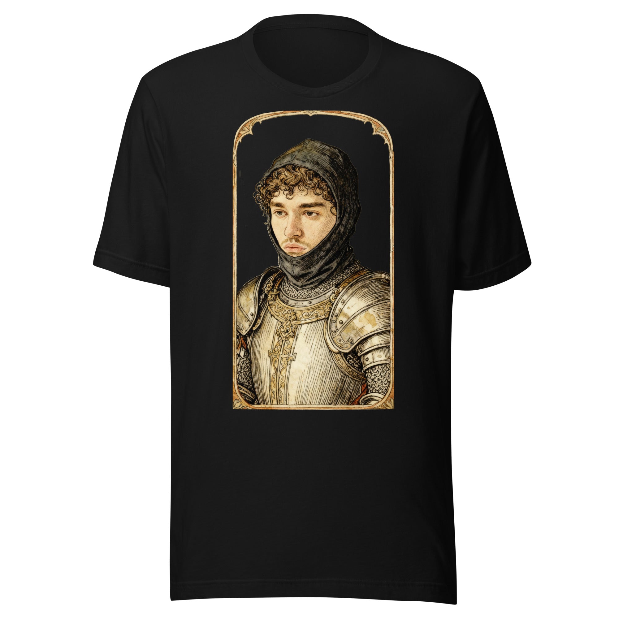 Black t-shirt featuring an exclusive pencil-sketch and engraving portrait of Yeat. The design depicts the artist as a medieval knight wearing detailed plate armor. The artwork is encased in an ornate gold arched border inspired by 14th-century illuminated