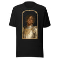 Black t-shirt featuring an exclusive pencil-sketch and engraving portrait of Chief Keef. The design depicts the artist as a medieval knight wearing detailed plate armor. The artwork is encased in an ornate gold arched border inspired by 14th-century illum