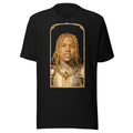 Black t-shirt featuring an exclusive pencil-sketch and engraving portrait of Lil Durk. The design depicts the artist as a medieval knight wearing detailed plate armor. The artwork is encased in an ornate gold arched border inspired by 14th-century illumin