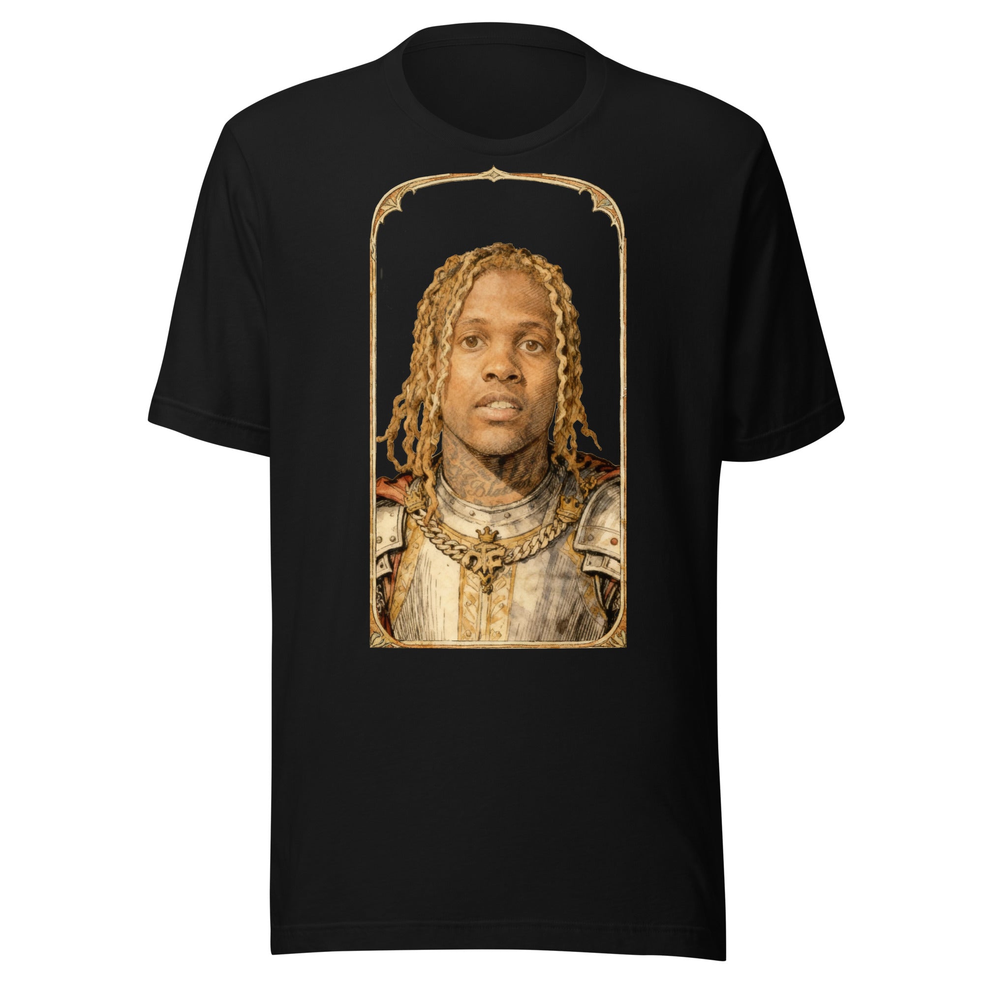 Black t-shirt featuring an exclusive pencil-sketch and engraving portrait of Lil Durk. The design depicts the artist as a medieval knight wearing detailed plate armor. The artwork is encased in an ornate gold arched border inspired by 14th-century illumin