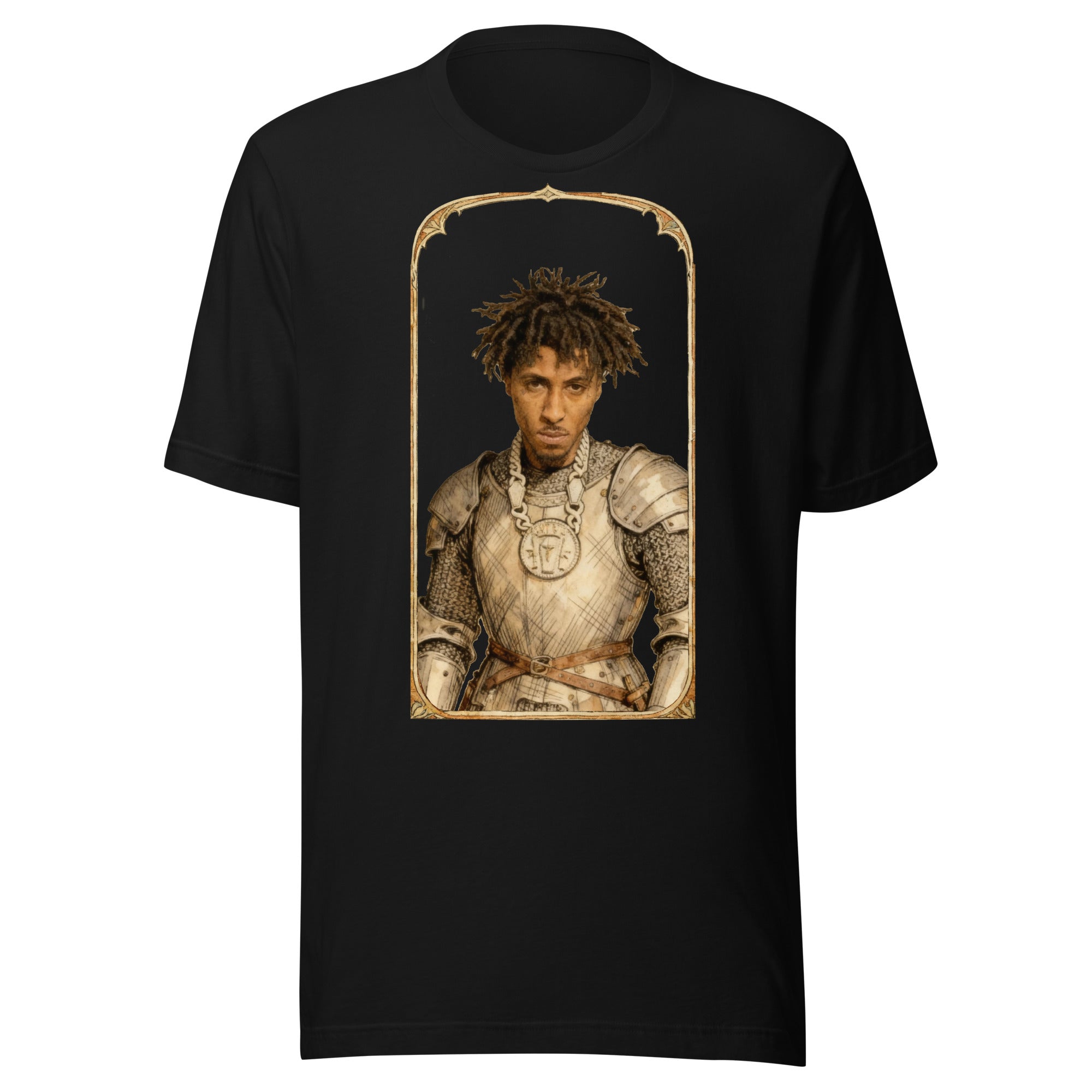 Black t-shirt featuring an exclusive pencil-sketch and engraving portrait of NBA Youngboy. The design depicts the artist as a medieval knight wearing detailed plate armor. The artwork is encased in an ornate gold arched border inspired by 14th-century ill