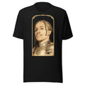 Black t-shirt featuring an exclusive pencil-sketch and engraving portrait of ASAP Rocky. The design depicts the artist as a medieval knight wearing detailed plate armor. The artwork is encased in an ornate gold arched border inspired by 14th-century illum