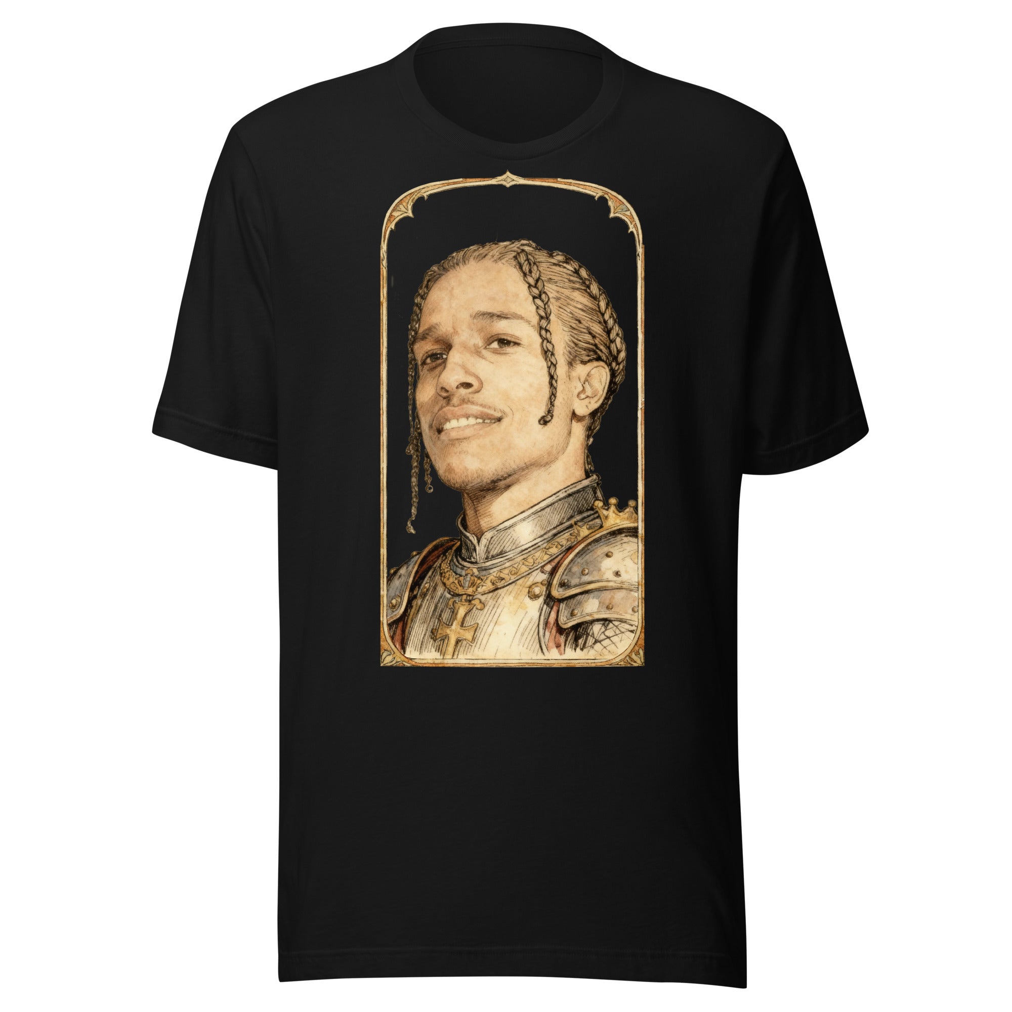 Black t-shirt featuring an exclusive pencil-sketch and engraving portrait of ASAP Rocky. The design depicts the artist as a medieval knight wearing detailed plate armor. The artwork is encased in an ornate gold arched border inspired by 14th-century illum