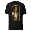 Black t-shirt featuring an exclusive pencil-sketch and engraving portrait of Jay Z. The design depicts the artist as a medieval knight wearing detailed plate armor. The artwork is encased in an ornate gold arched border inspired by 14th-century illuminated manuscripts.