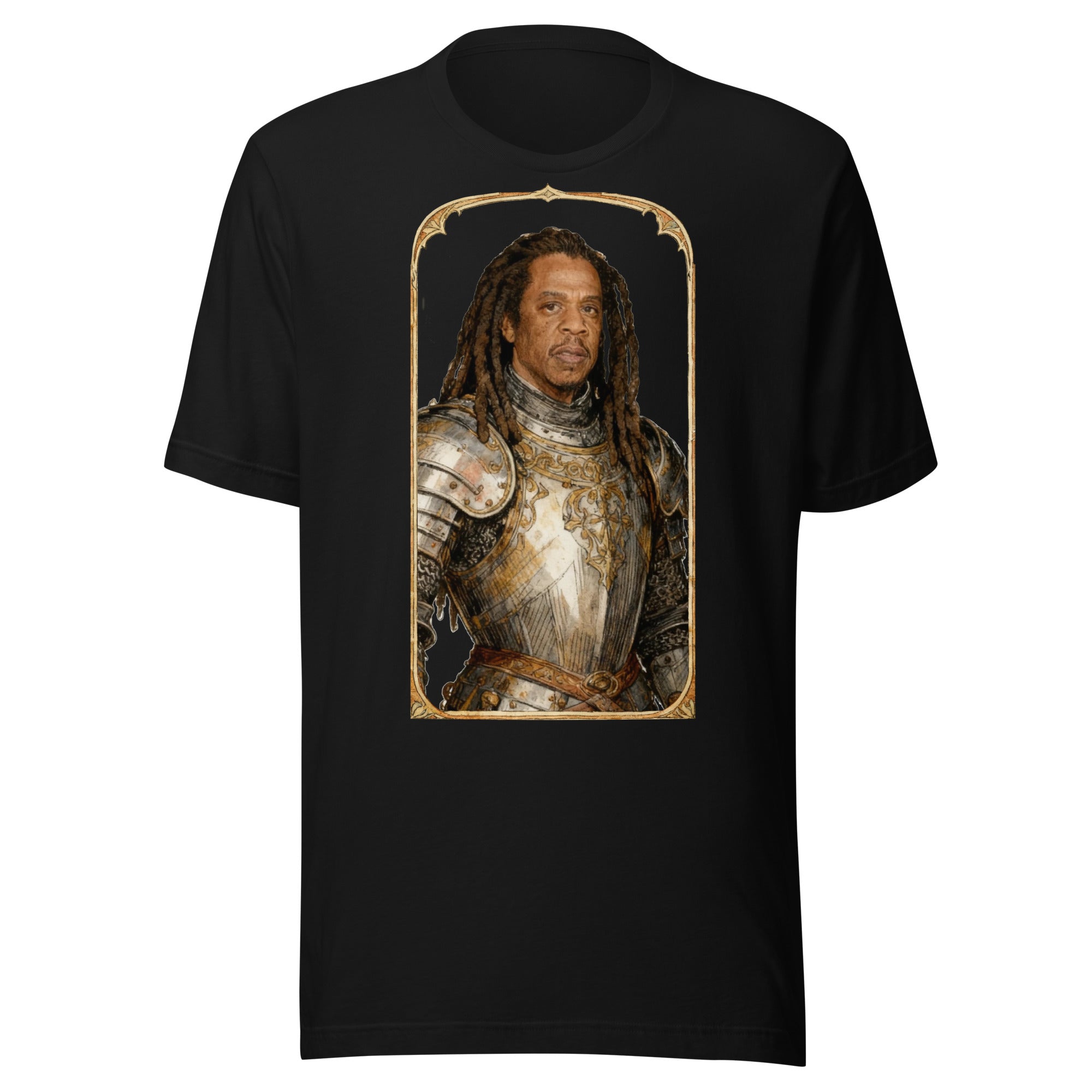 Black t-shirt featuring an exclusive pencil-sketch and engraving portrait of Jay Z. The design depicts the artist as a medieval knight wearing detailed plate armor. The artwork is encased in an ornate gold arched border inspired by 14th-century illuminated manuscripts.