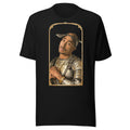 Black t-shirt featuring an exclusive pencil-sketch and engraving portrait of 2pac. The design depicts the artist as a medieval knight wearing detailed plate armor. The artwork is encased in an ornate gold arched border inspired by 14th-century illuminated manuscripts.