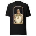Black t-shirt featuring an exclusive pencil-sketch and engraving portrait of Notorious B.I.G.. The design depicts the artist as a medieval knight wearing detailed plate armor. The artwork is encased in an ornate gold arched border inspired by 14th-century illuminated manuscripts.