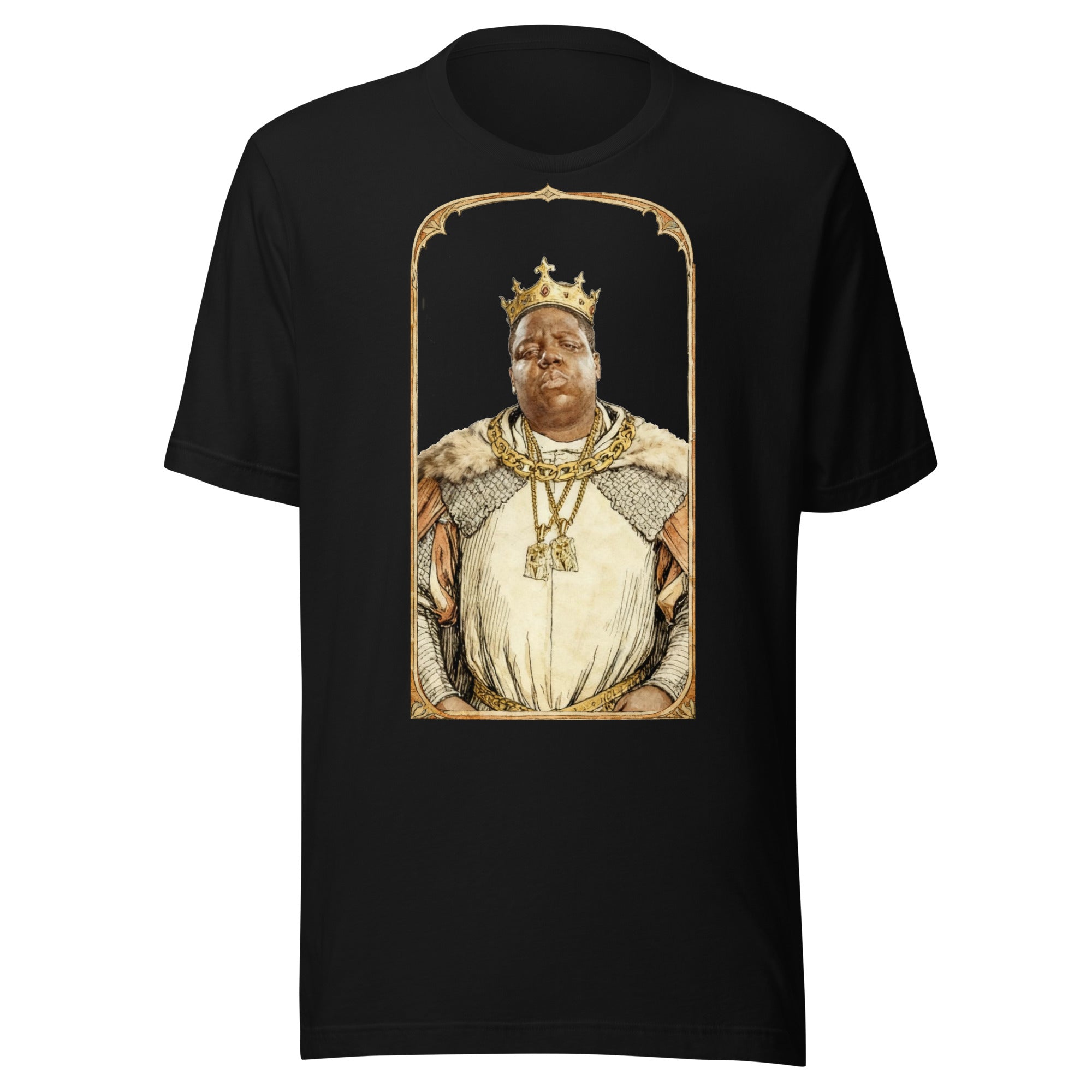 Black t-shirt featuring an exclusive pencil-sketch and engraving portrait of Notorious B.I.G.. The design depicts the artist as a medieval knight wearing detailed plate armor. The artwork is encased in an ornate gold arched border inspired by 14th-century illuminated manuscripts.
