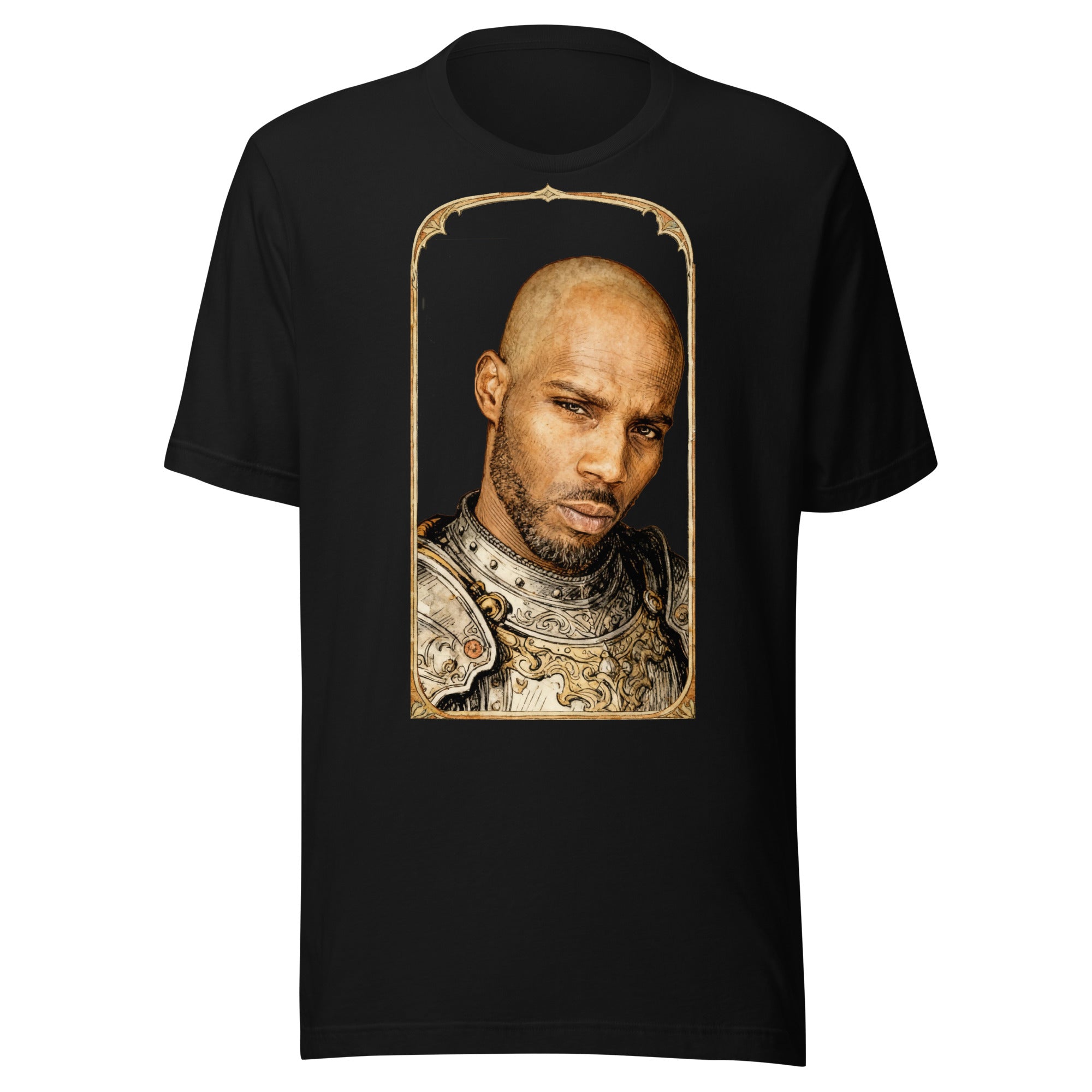 Black t-shirt featuring an exclusive pencil-sketch and engraving portrait of DMX. The design depicts the artist as a medieval knight wearing detailed plate armor. The artwork is encased in an ornate gold arched border inspired by 14th-century illuminated manuscripts.