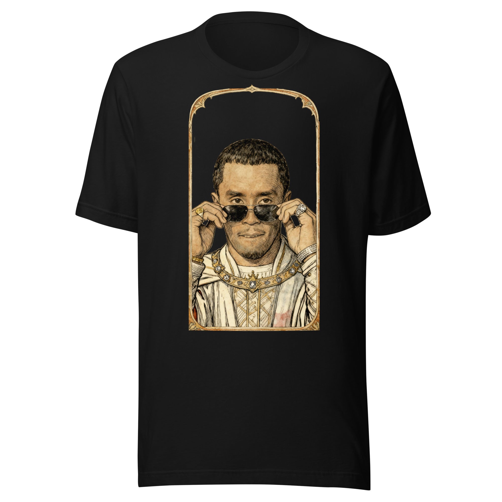 Black t-shirt featuring an exclusive pencil-sketch and engraving portrait of Diddy. The design depicts the artist as a medieval knight wearing detailed plate armor. The artwork is encased in an ornate gold arched border inspired by 14th-century illuminated manuscripts.