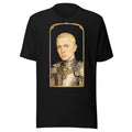 Black t-shirt featuring an exclusive pencil-sketch and engraving portrait of Eminem. The design depicts the artist as a medieval knight wearing detailed plate armor. The artwork is encased in an ornate gold arched border inspired by 14th-century illuminated manuscripts.