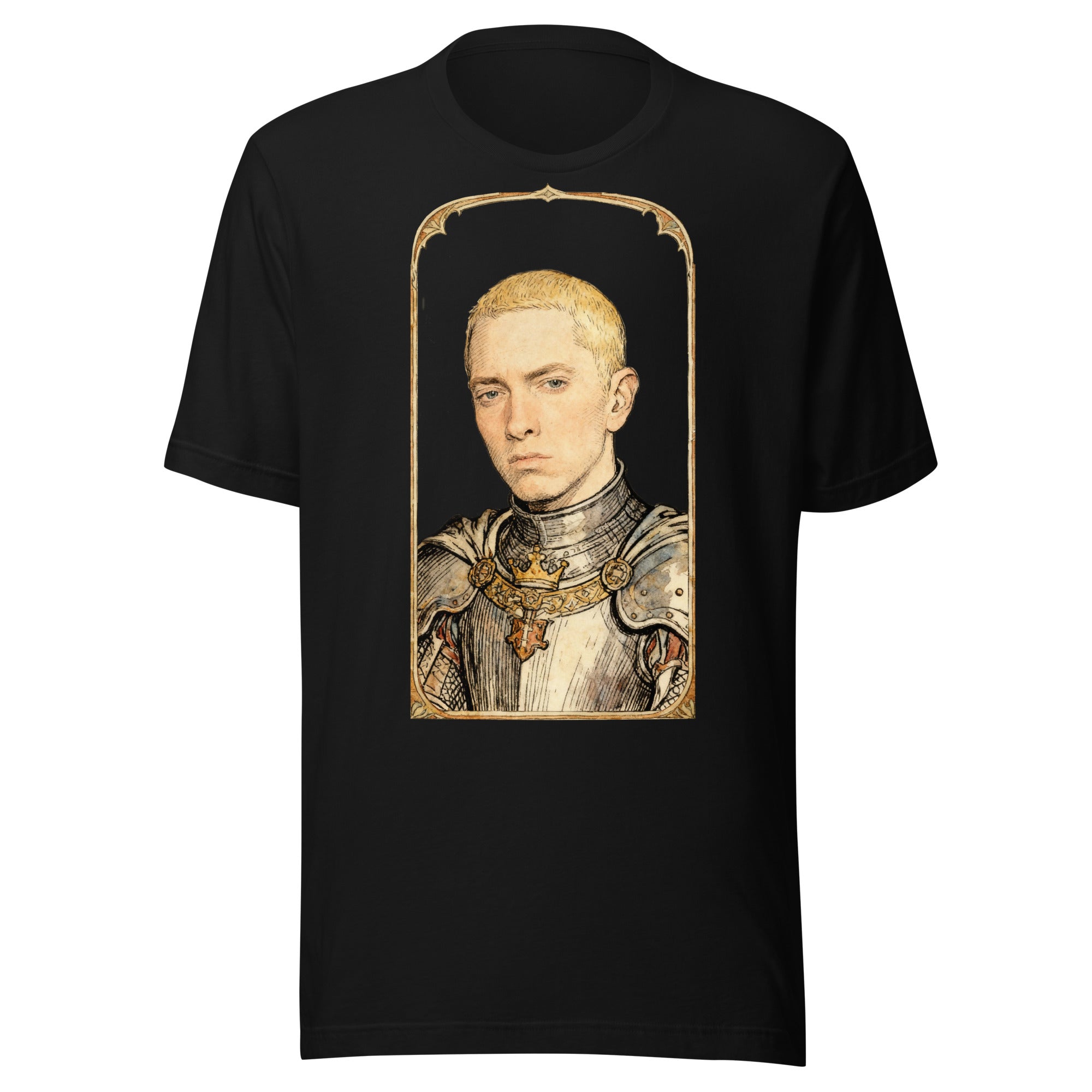 Black t-shirt featuring an exclusive pencil-sketch and engraving portrait of Eminem. The design depicts the artist as a medieval knight wearing detailed plate armor. The artwork is encased in an ornate gold arched border inspired by 14th-century illuminated manuscripts.
