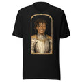 Black t-shirt featuring an exclusive pencil-sketch and engraving portrait of Lil Uzi Vert. The design depicts the artist as a medieval knight wearing detailed plate armor. The artwork is encased in an ornate gold arched border inspired by 14th-century illuminated manuscripts.